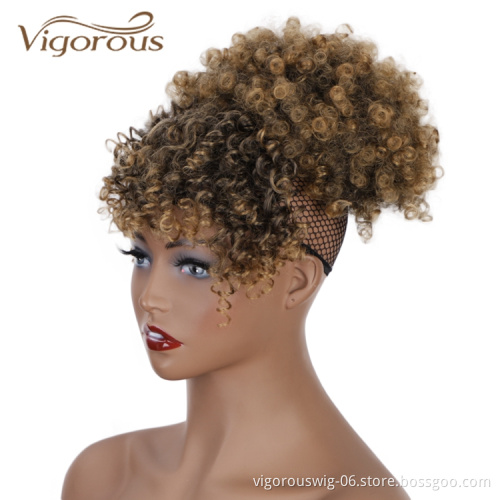 Vigorous New Design Best Selling Short Fluffy Elastic Hairpiece With Bangs Kinky Curly For Black Women Synthetic Afro Hair Bun